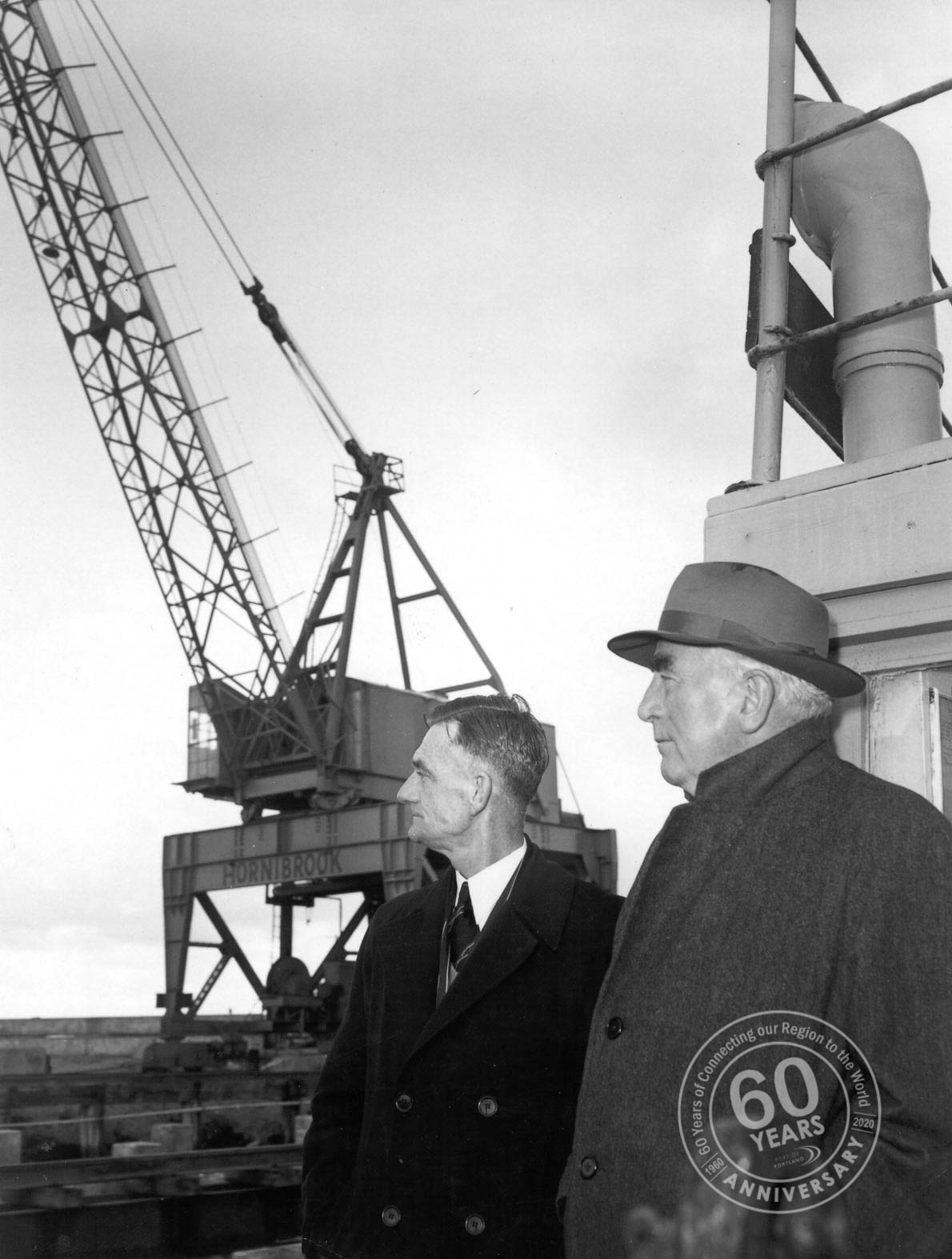 Captain Brown with Sir Robert Menzies inspecting harbor works, 18 July 1958.