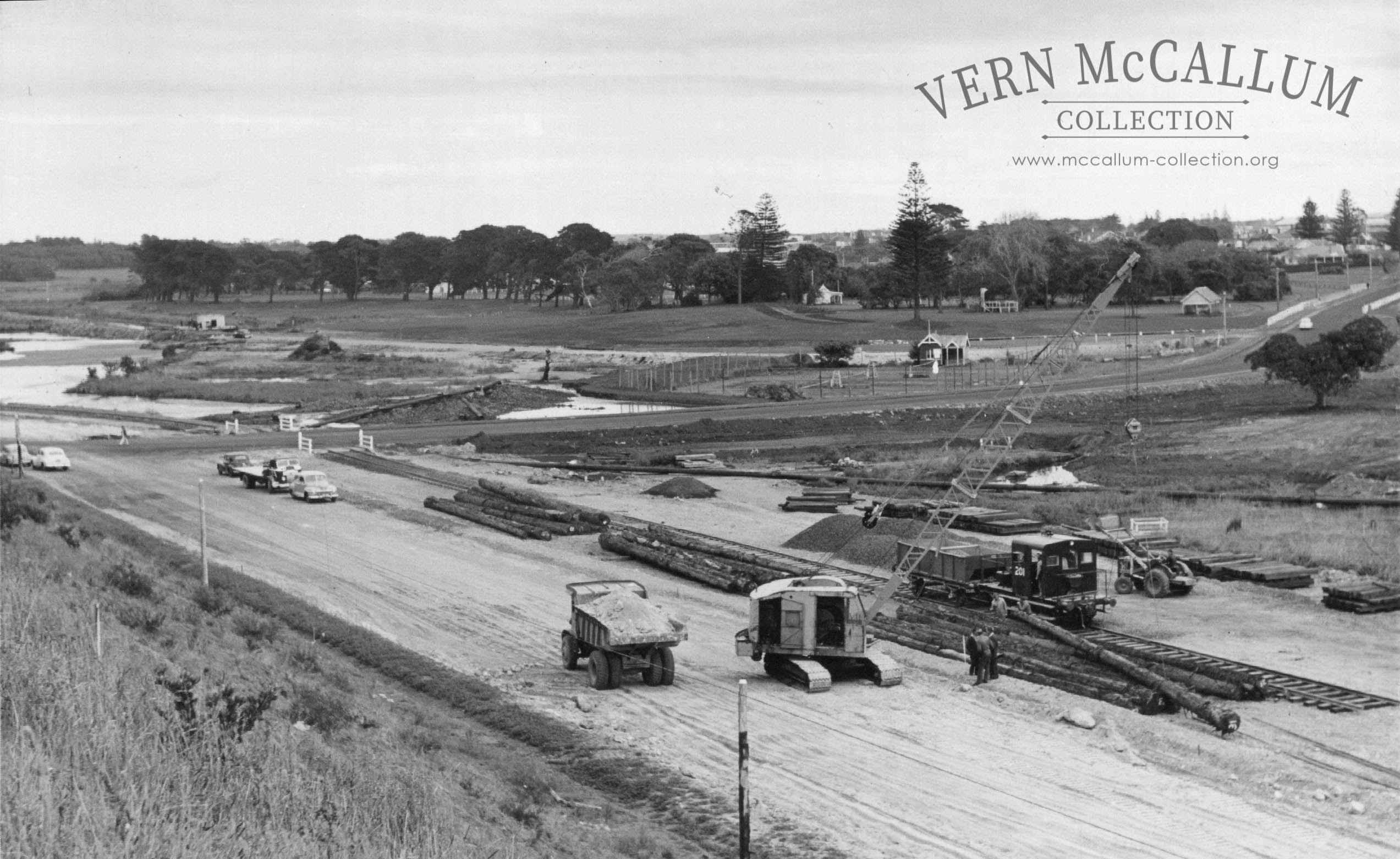 Construction of the railway line to the port, Portland. Note the Admella lifeboat shed in the gardens where it was stored for many years.