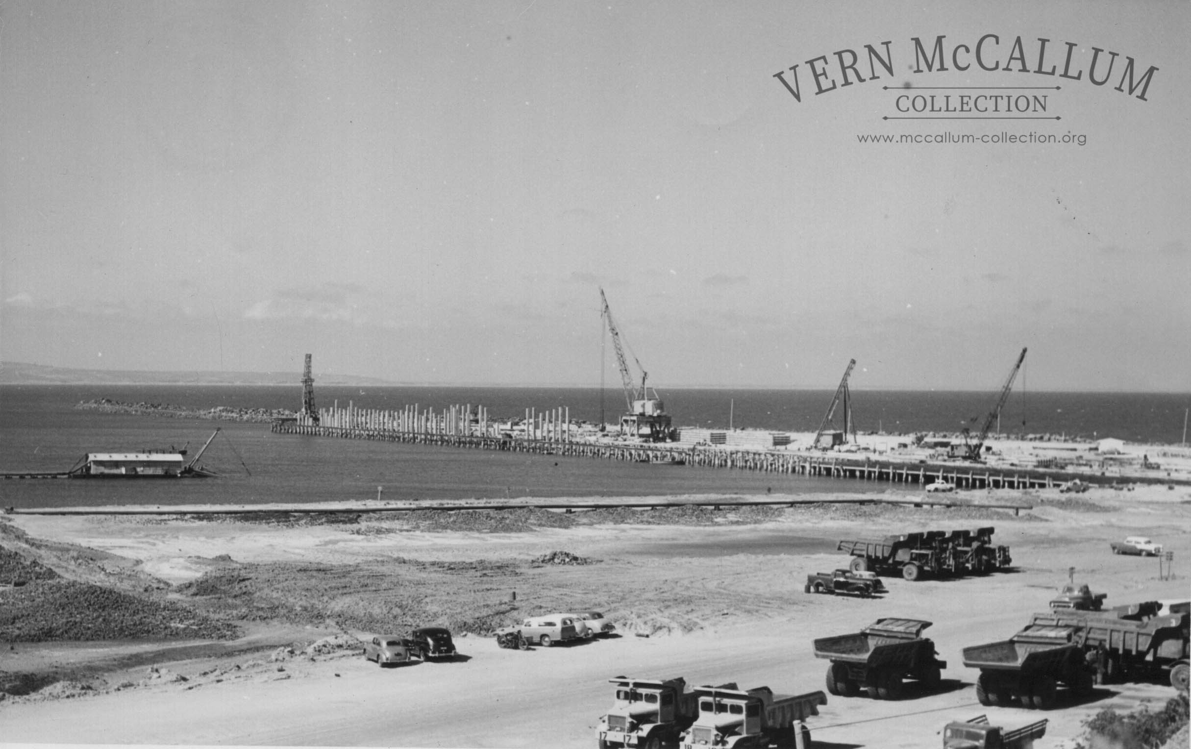 Constuction of the K.S. Anderson wharf, Portland. Driving the concrete piles for the K.S. Anderson wharf.
