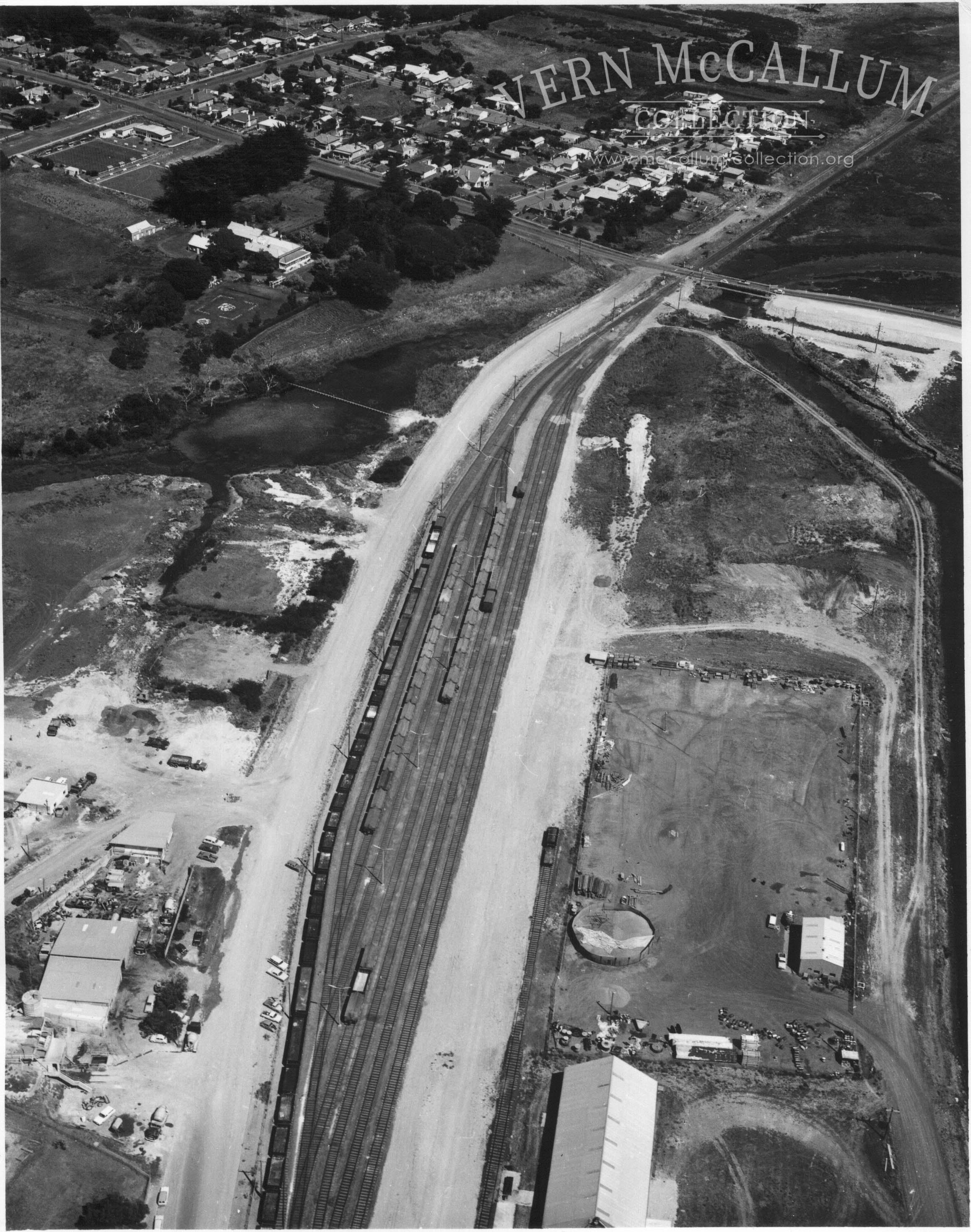 Aerial shot of the railway lines at port area, Portland. With a line of rail trucks
now fully operational.