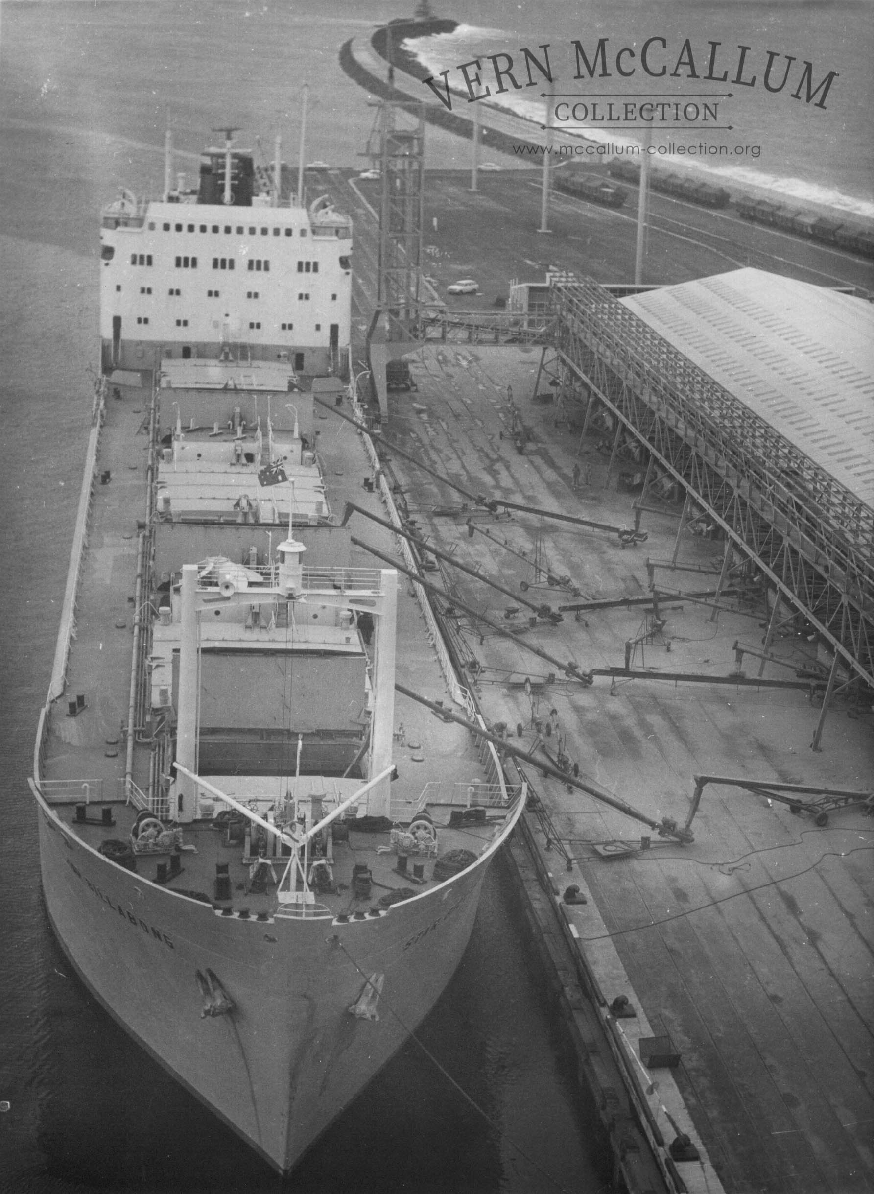 A ship loading grain at Portland . Augering oats from transit shed to ship.