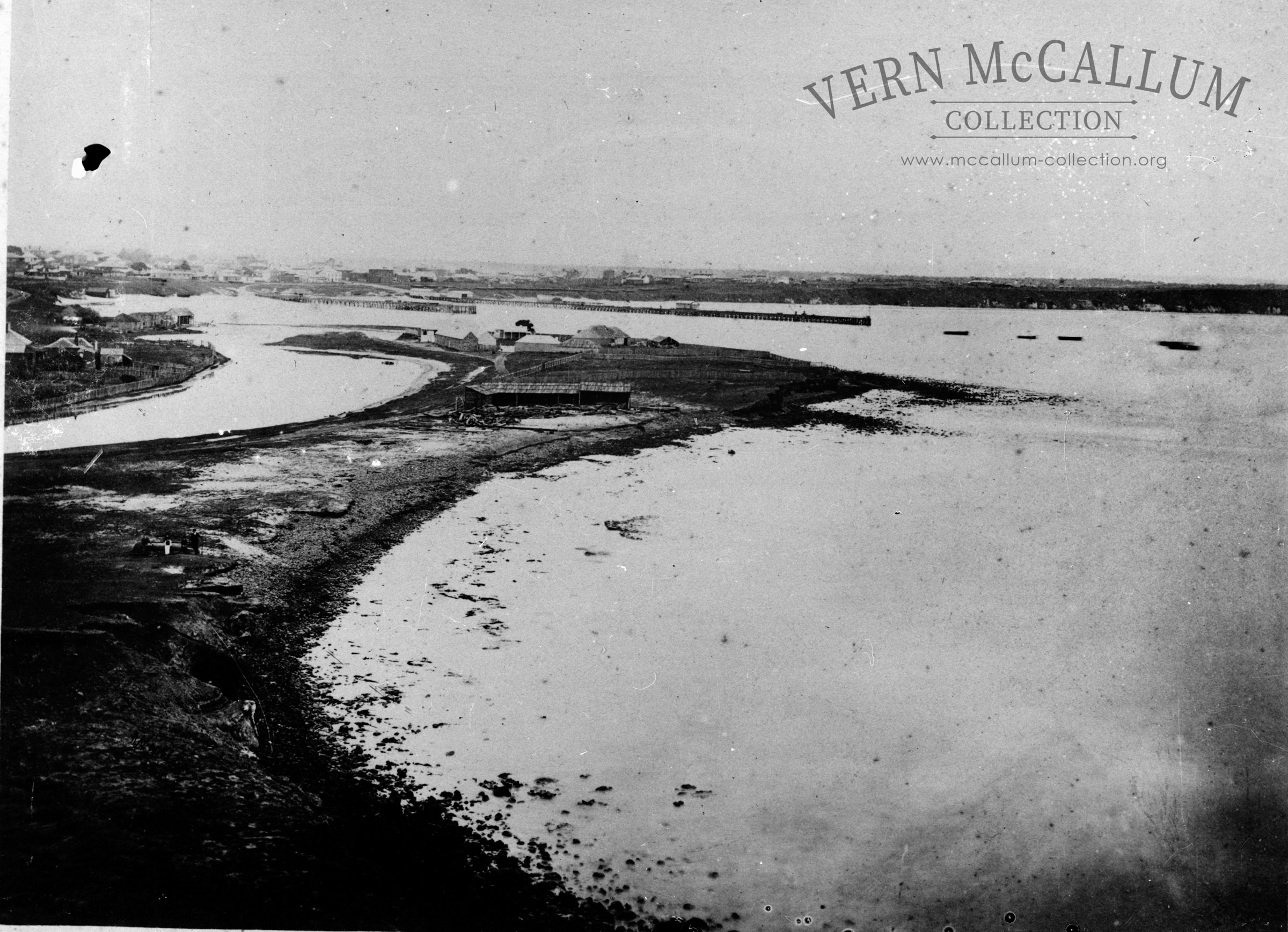 The spit from Battery Point.  A Washbourne photo taken in 1873. Schofields lived in the house centre of this photo. This was done from a glass negative.