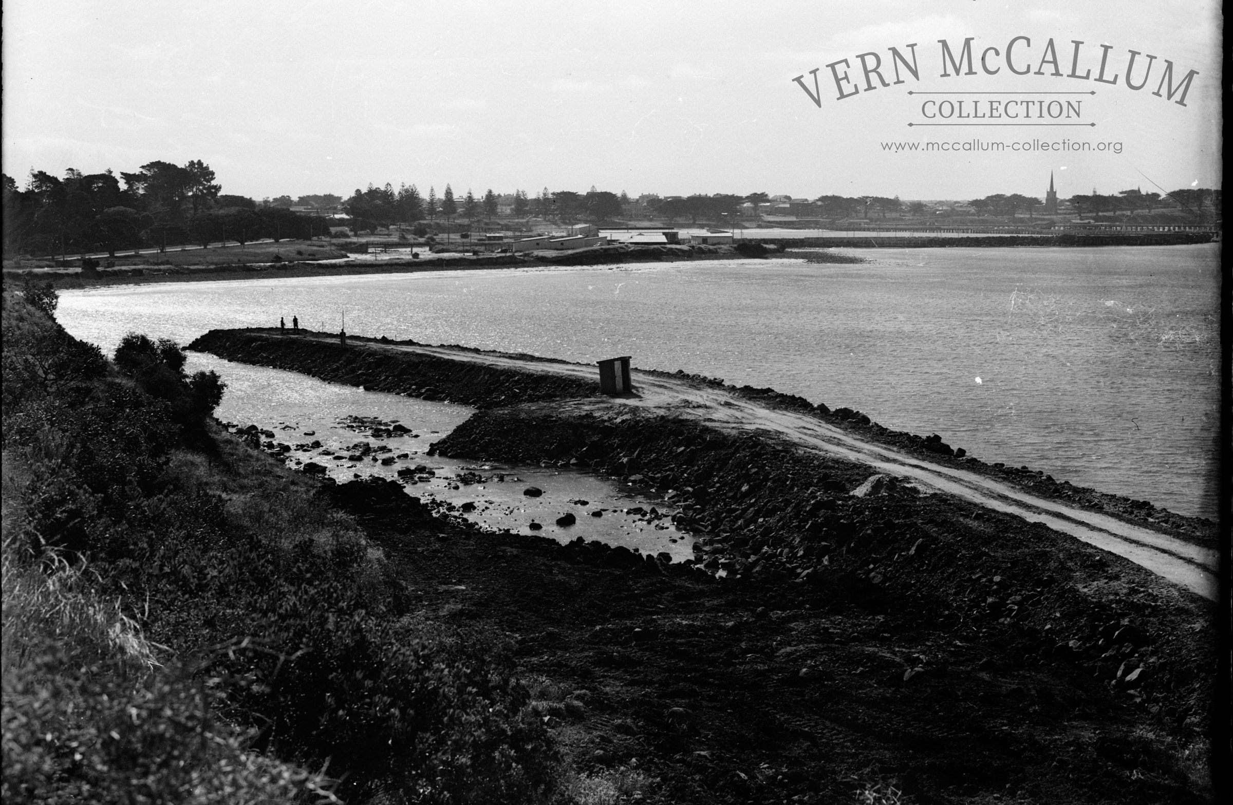 A view of the bay taken from below Battery Point at the start of building the Port, circa 1950.
This photo is done from a glass negative.