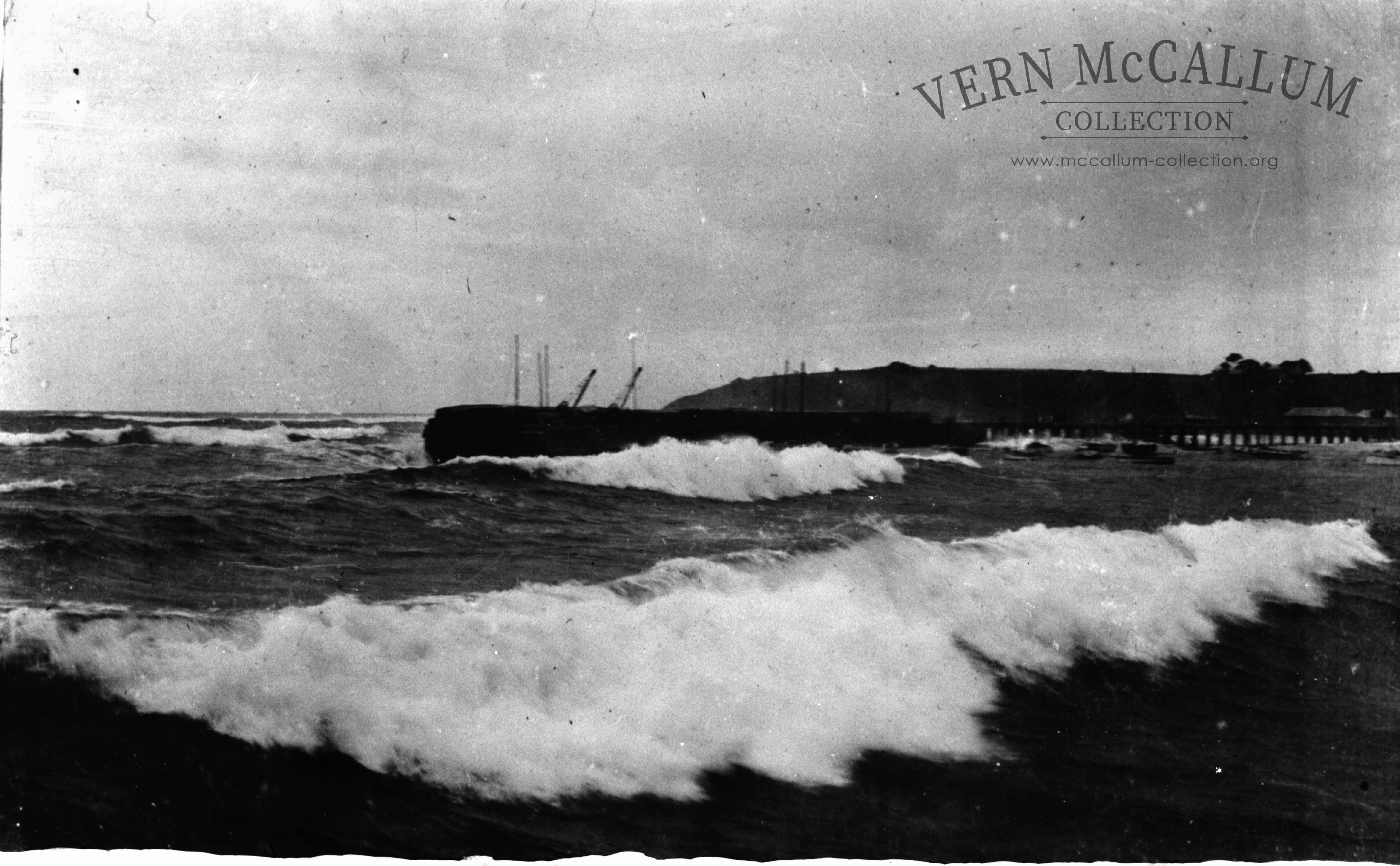 Rough seas in Portland Harbour before the port was built .There was very little protection for the fishing boats from a n easterly gale and as a result many boats were wrecked over the years.This was done from a glass negative .
