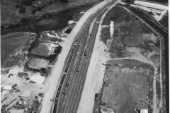Aerial shot of the railway lines at port area, Portland. With a line of rail trucks
now fully operational.